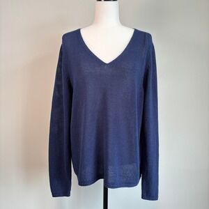 J McLaughlin Open Knit Sweater Oversized V-Neck Quiet Luxury Chic Blue Size L